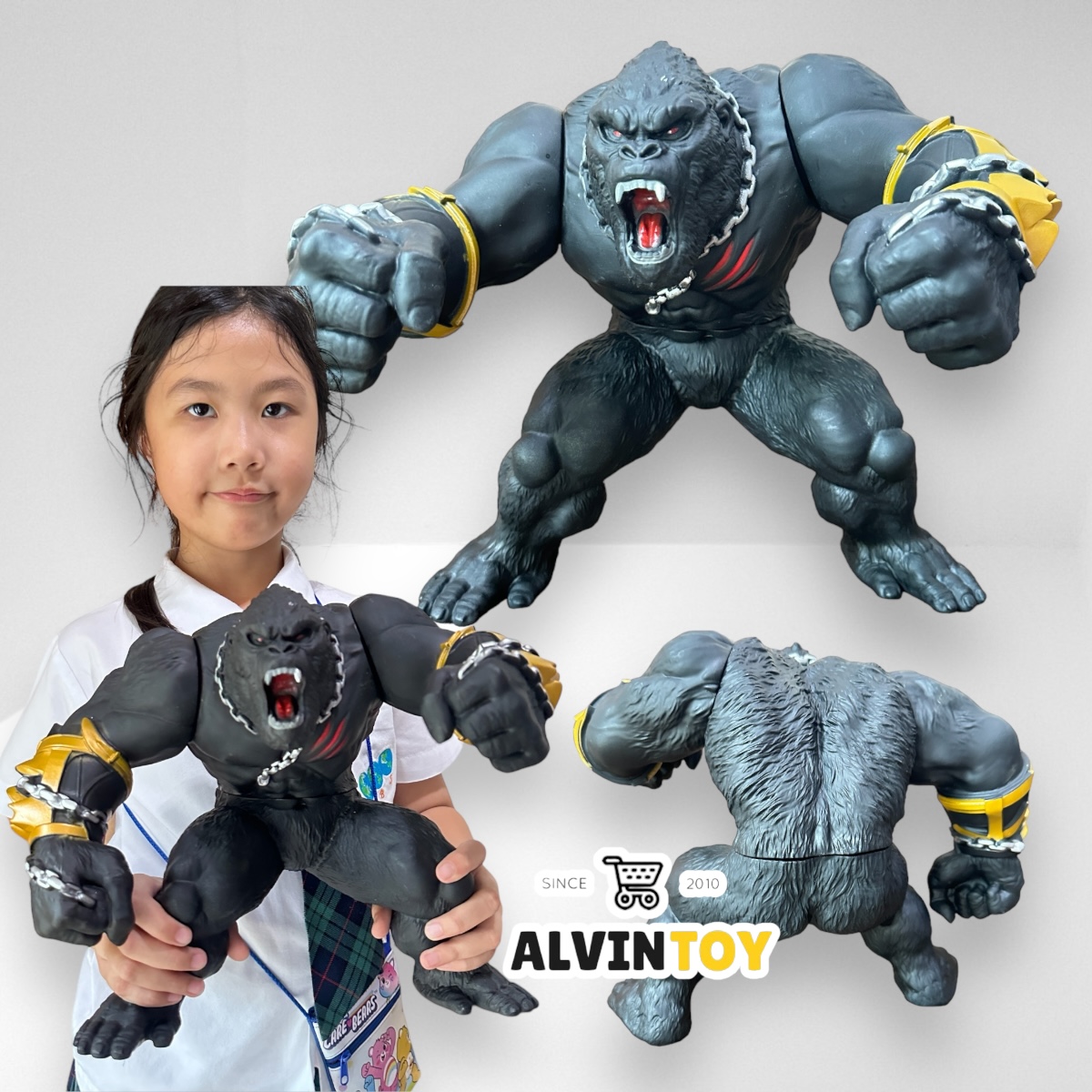 โมเดล ลิงกอริลลา คิงคอง ตัวใหญ่ เกาะแขนพันโซ่ Gorilla Kingkong ขนาดความสูง 26 cm. งานสวยสมจริง ขยับจุดได้