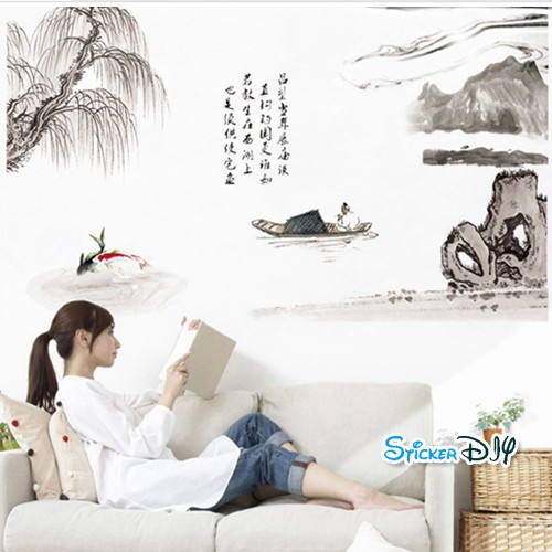 SALE BigSize wall sticker สติ๊กเกอร์ติดผนัง แนวจิตรกรรมฝาผนังทิวทัศน์จีน (กว้าง150cm.xสูง90cm.)