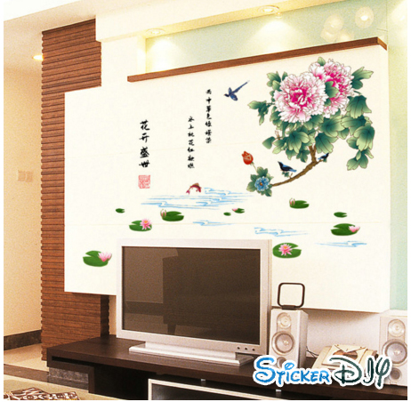 Transparent Wall Sticker สติ๊กเกอร์ติดผนัง บ่อบัวกิ่งไม้ (กว้าง108cm.xสูง78cm.)