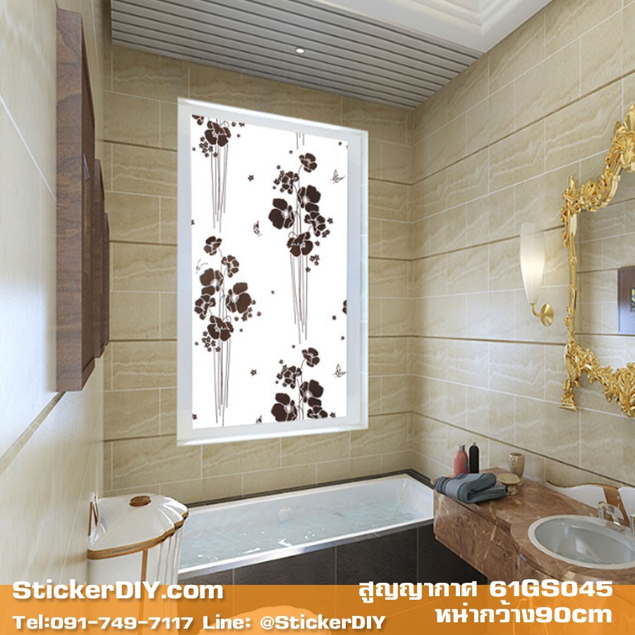 (กว้าง90cm.xยาว117cm.) ฟิล์ม PVC สูญญากาศติดกระจก "Black Flower"