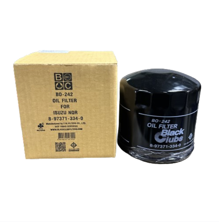 กรองเครื่อง ไส้ กรอง น้ำมันเครื่อง ไส้กรองน้ำมันเครื่อง ISUZU ISUZU NPR 120 - 135 แรง ไม่มีแกน 4HF1 อีซูซุ หกล้อ ยี่ห้อ BLACK CLUB เบอร์ BO-242 / 8-97371-334-0 Oil Filter