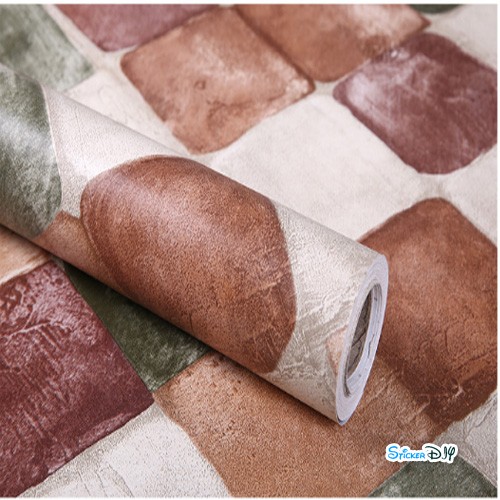 (กว้าง45cm.xยาว10m.)Wallpaper sticker วอลเปเปอร์แบบกาวในตัว หินอ่อนสี่เหลี่ยมจตุรัสสลับ สีน้ำตาลแดง