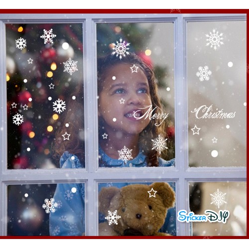 Transparent wall sticker สติ๊กเกอร์ติดผนัง เกล็ดหิมะ "Merry Christmas" (กว้าง>80cm.xสูง>67cm.)