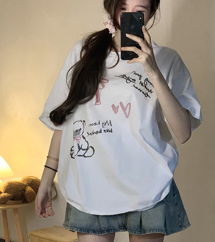 P10911 เสื้อยืดแฟชั่น สีขาว ผ้ายืดเนื้อดี พิมพ์ลาย