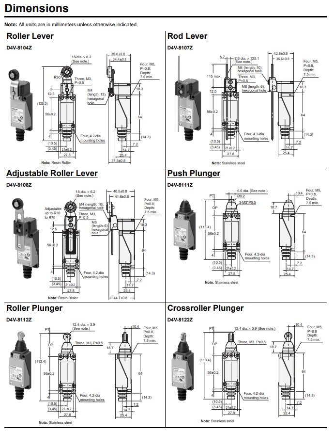 Limit Switch OMRON D4V-8104SZ-N, D4V-8104Z-N, D4V-8108SZ-N, D4V-8108Z-N, D4V-8107Z-N, D4V-8111Z, D4V-8122Z, D4V-8112Z, D4V-8166Z ลิมิตสวิตช์ 5A 250V IP65 1NO/1NC