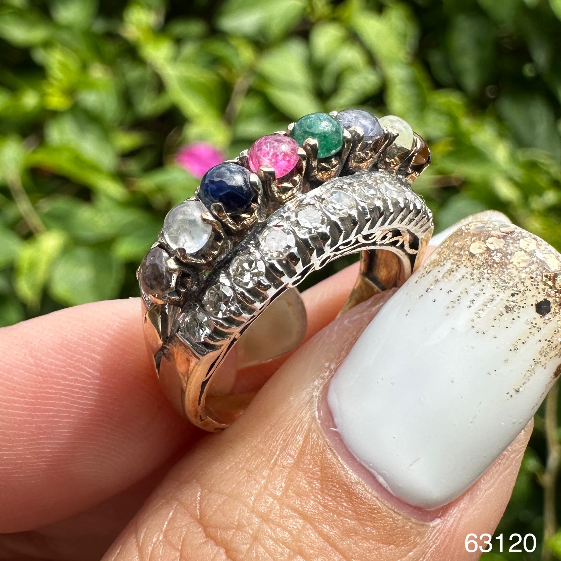 รหัส 63120 แหวน นพเก้า ฝังเพชรกุหลาบ 20 เม็ด 0.30 กะรัต ทองK 2 สี ขนาด 51 งานสวย น่าสะสม นน. 5.75 g