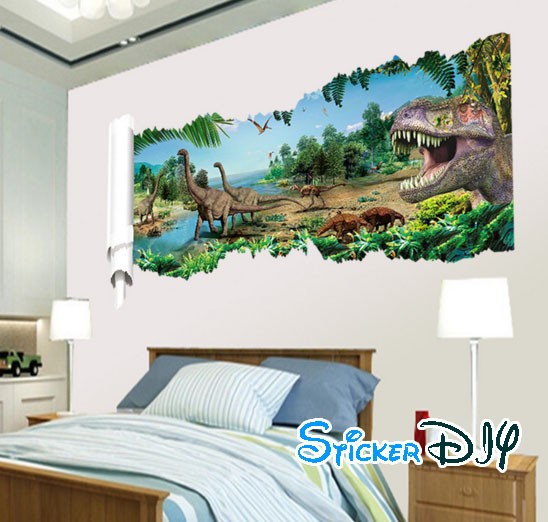 Wall sticker สติ๊กเกอร์ติดผนัง 3D Jurassic Park สไตล์ A (กว้าง90cm.xสูง50cm.)