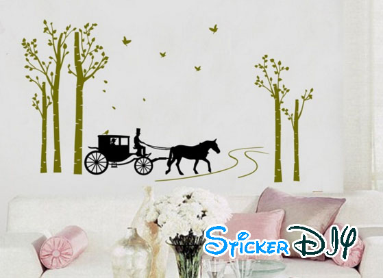 Transparent wall sticker สติ๊กเกอร์ติดผนัง รถม้าลากเกวียนในป่าเขียว (กว้าง150cm.xสูง80cm.)