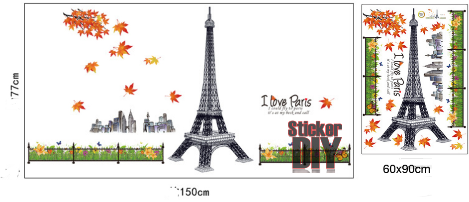 Transparent Wall Sticker สติ๊กเกอร์ติดผนัง I LOVE PARIS tower (กว้าง150cm.xสูง77cm.)