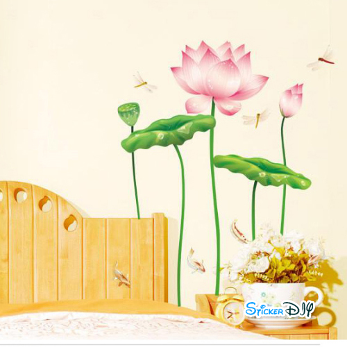 Transparent wall sticker สติ๊กเกอร์ติดผนัง ดอกบัวนำโชคกะแมลงปอ "ความเจริญรุ่งเรือง" (กว้าง180cm.xสูง130cm.)