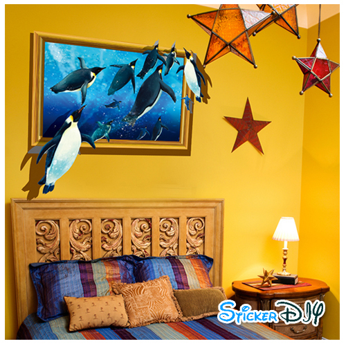 Transparent wall sticker สติ๊กเกอร์ติดผนัง 3D หน้าต่างโลกใต้น้ำของเพนกวิน (กว้าง80cm.xสูง64cm.)