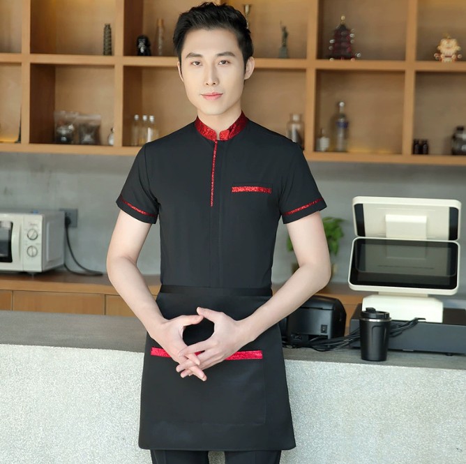 ชุดพนักงานเสริฟ ชุดพนักงานร้านอาหาร ร้านกาแฟ รีสอร์ท สีดำ สีแดง