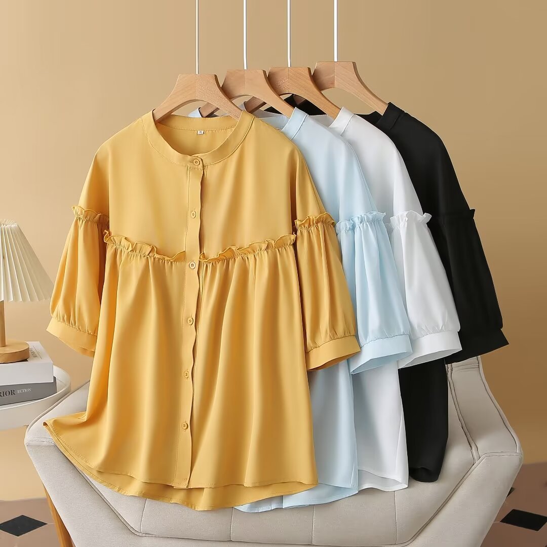 P3379 เสื้อแฟชั่นทรงปล่อย ผ้าสังเคราะห์นิ่มพริ้ว กระดุมหน้า 4 สี