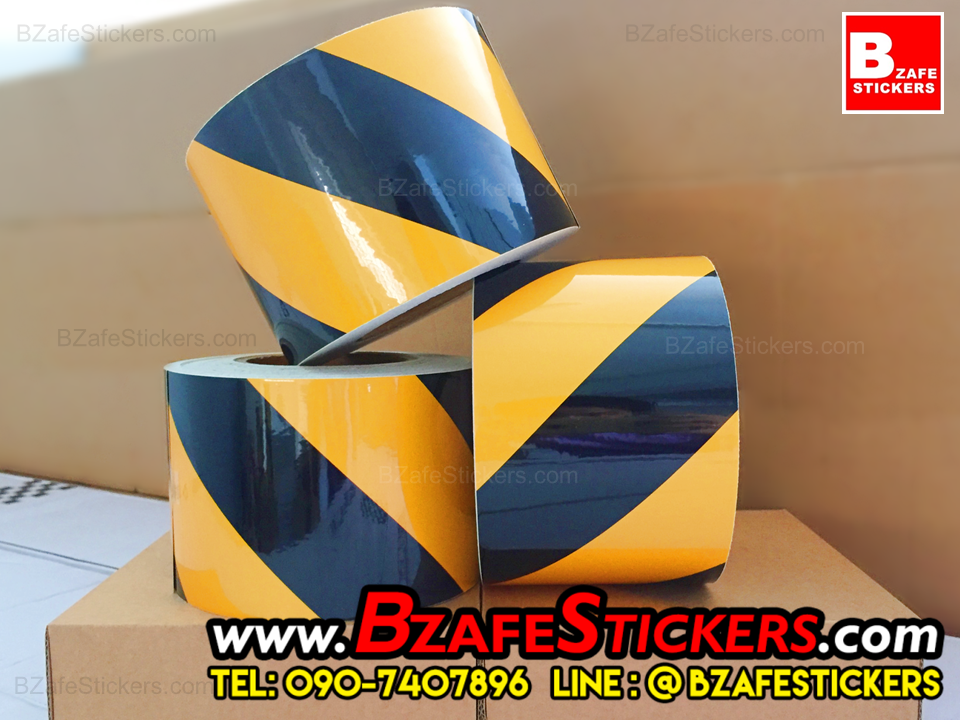 แถบสติ๊กเกอร์สะท้อนแสง เหลือง-ดำ ลายเฉียง กว้าง 4 นิ้ว x ยาว 45 ม.