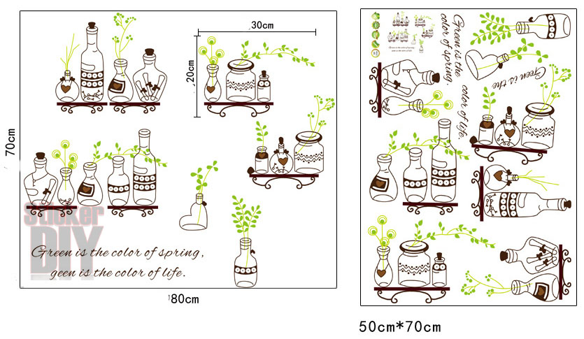 Transparent Wall sticker สติ๊กเกอร์ติดผนัง bottle green leaves (กว้าง80cm.xสูง70cm.)