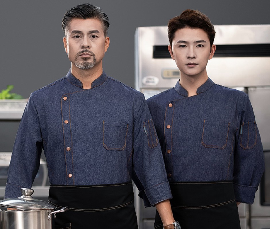 เสื้อเชฟแขนยาวระดับไฮเอนด์ ชุดเชฟห้องจัดเลี้ยงร้านอาหาร โรงแรม สียีนส์ สีดำ สีขาว สีเทา