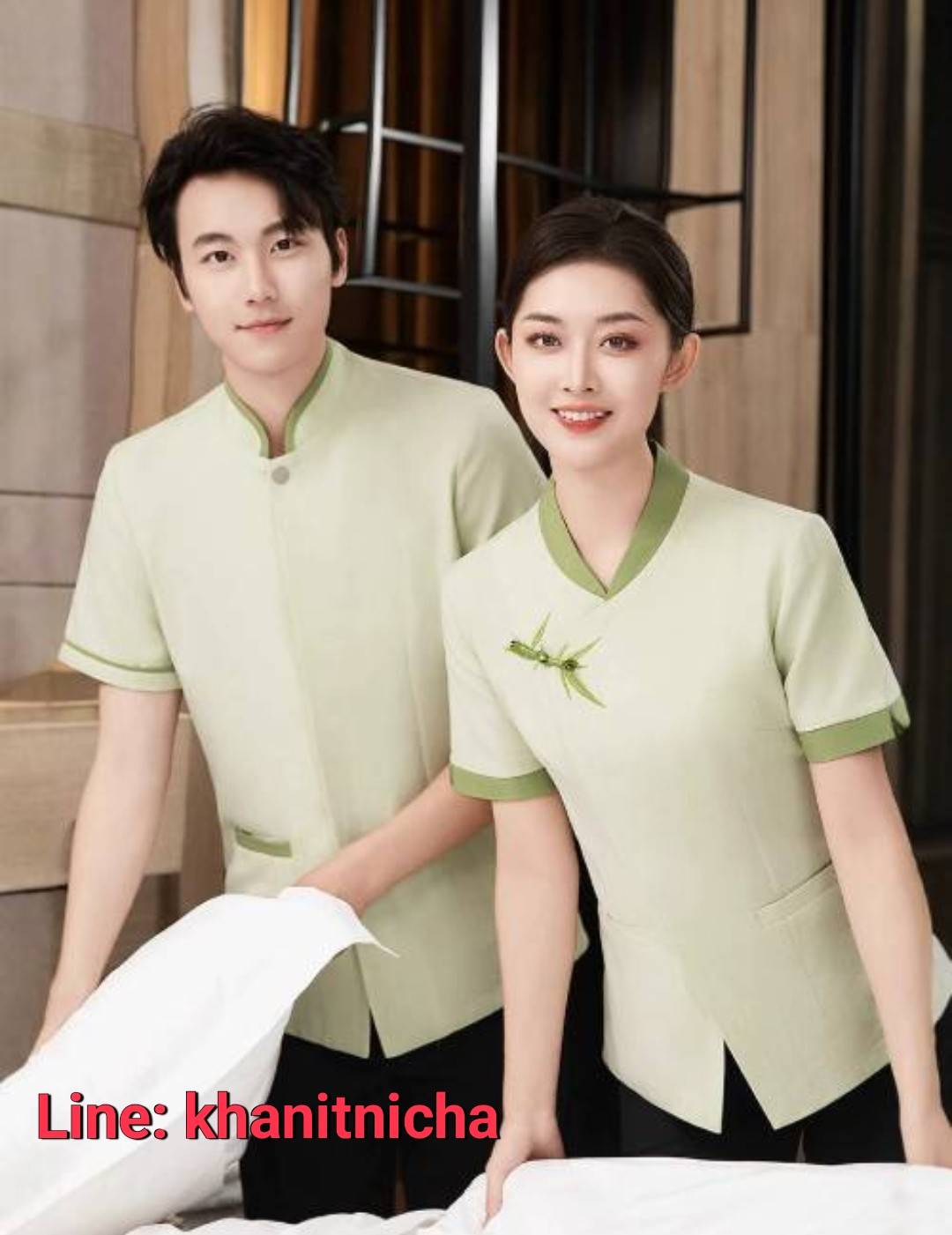 ชุดพนักงานทำความสะอาด เสื้อแม่บ้าน พ่อบ้าน เบลบอย สีเขียวอ่อน สีเขียวเข้ม สีฟ้า สีเทาอ่อน สีเทาเข้ม