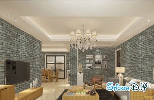 (กว้าง122cm.xยาว5m.) Wallpaper sticker วอลเปเปอร์แบบกาวในตัว ลายอิฐเทาอมเขียว