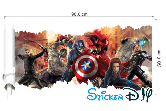 Wall sticker สติ๊กเกอร์ติดผนัง 3D Avengers สไตล์ B (กว้าง90cm.xสูง50cm.)