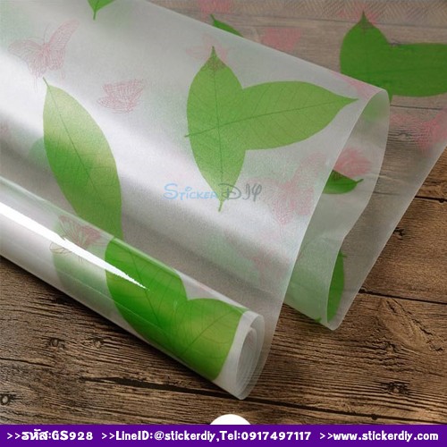 สติ๊กเกอร์ฝ้าติดกระจก แบบมีกาวในตัว ใบไม้เขียวและผีเสื้อ (กว้าง90cmxยาว70m.) หรือ (กว้าง90cmxยาว80m.)