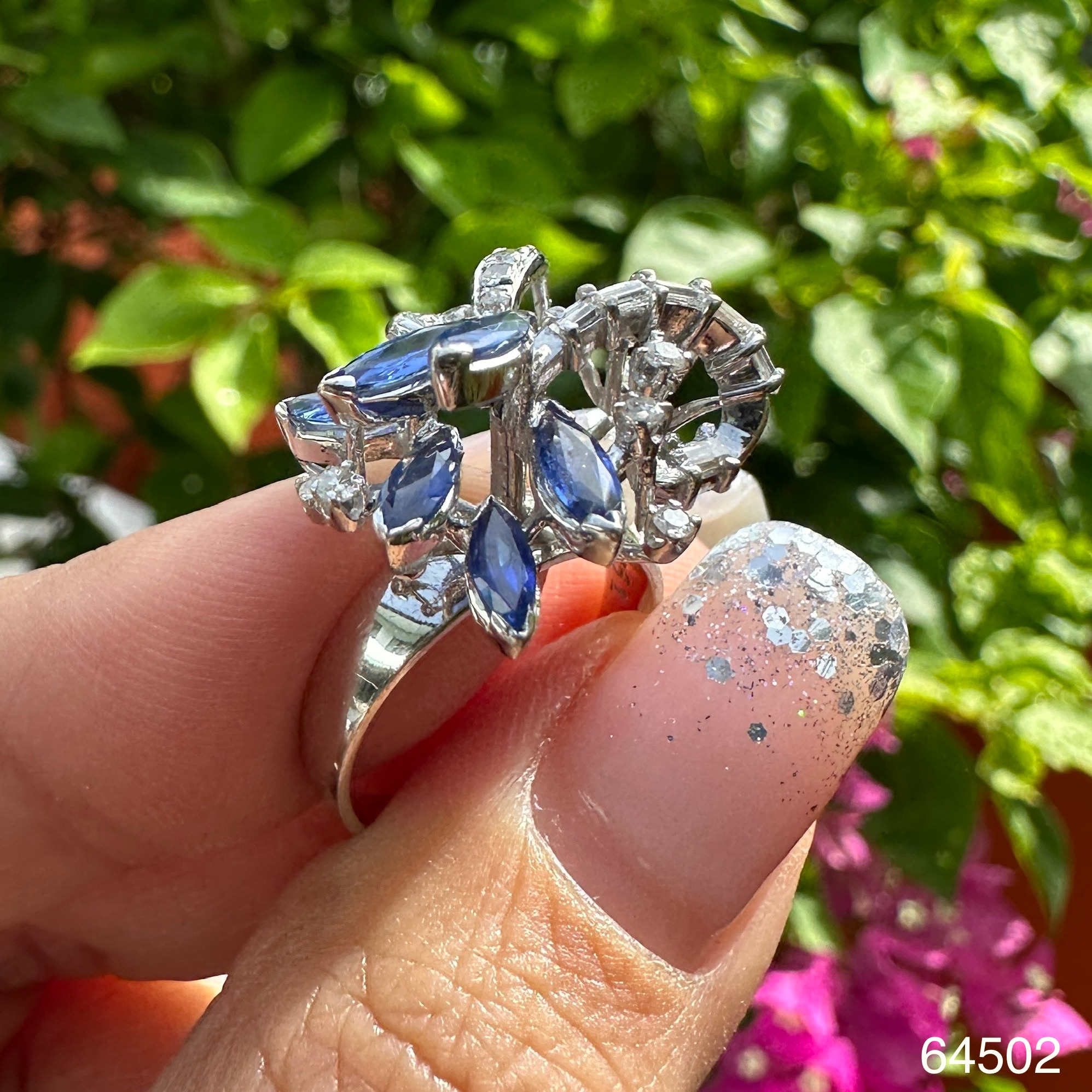 รหัส 64502 แหวน ไพลิน พม่า ฝังเพชร 25/0.36 ct งานทองขาวโบราณ (ปาหะ) ขนาด 51.5 พร้อม Cert. นน. 5.36 g