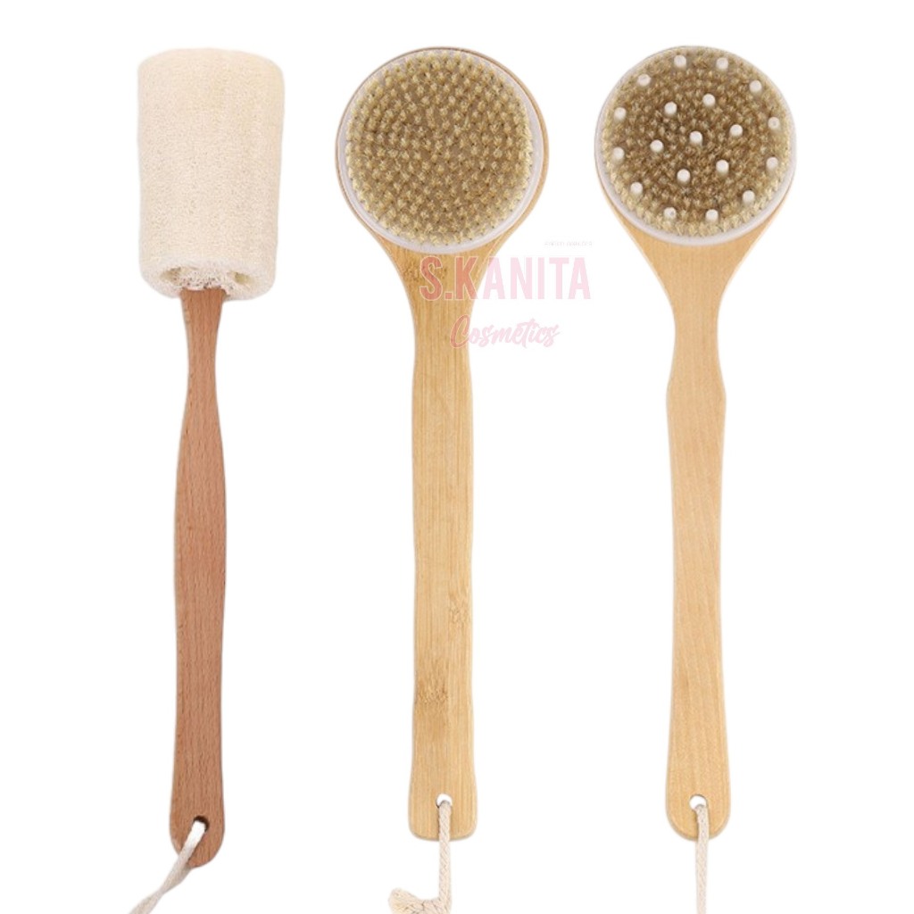 แปรงขัดผิว ใยขัดอาบน้ำมีด้าม (1 ชิ้น) Loofah scouring pad and body brush scrubber with wooden handle (1 piece)
