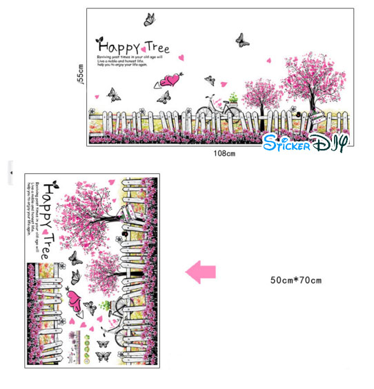 Transparent wall sticker สติ๊กเกอร์ติดผนัง รั้วต้นเชอรี่ชมพูม่วง HAPPY TREE (กว้าง108cm.xสูง55cm.)