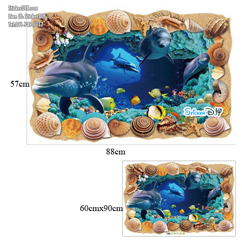 Wall sticker สติ๊กเกอร์ติดผนังสามมิติ 3D Underwater world "Dolphin" I (กว้าง88cm.xสูง57cm)