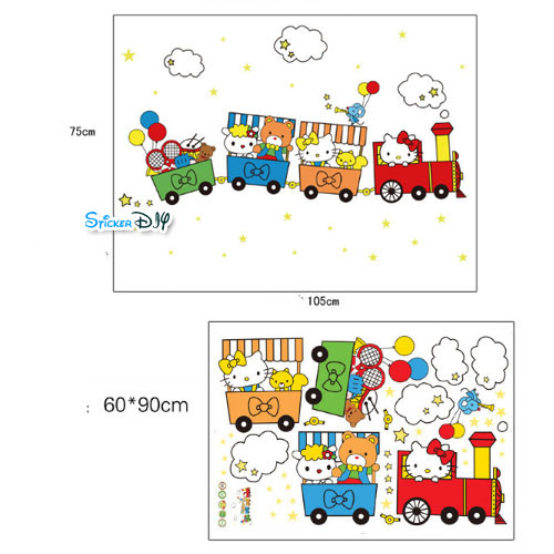 Transparent Wall Sticker สติ๊กเกอร์ติดผนัง Hello kitty in train (กว้าง105cm.xสูง75cm.)