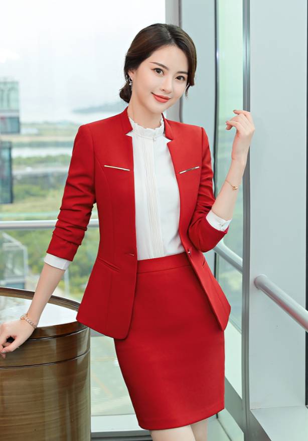 ชุดสูทกระโปรงสีแดง ชุดสูทกางเกงสีแดง สีเทา สีดำ ชุดพนักงานออฟฟิศ ชุดพนักงานต้อนรับโรงแรม