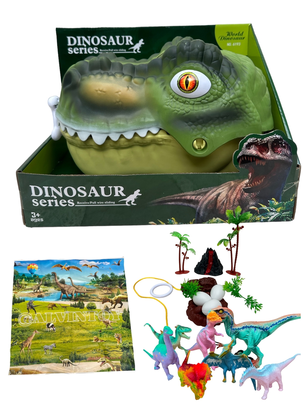 Dinosaur - หัวไดโนเสาร์ ปากเปิด-ปิดได้ มีล้อลากจูงได้ พร้อมโมเดลไดโนเสาร์ 7 ตัว อุปกรณ์ต่างๆ โปสเตอร์