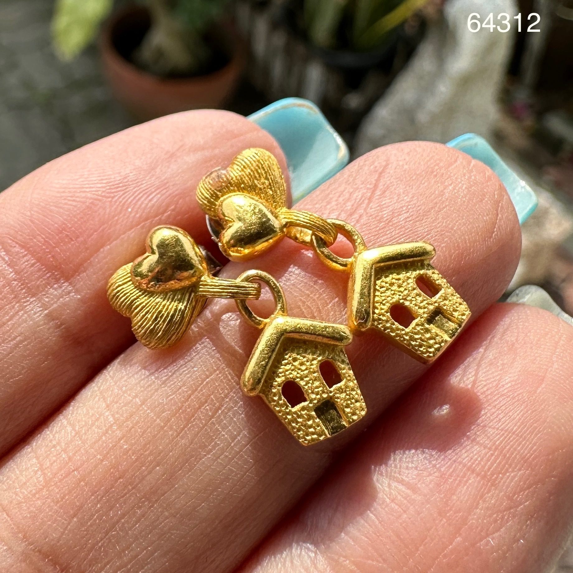รหัส 64312 ต่างหู Prima Gold ทอง24K ลายหัวใจคู่ บ้าน ตุ้งติ้ง แป้นทอง14K นน. 5.57 g