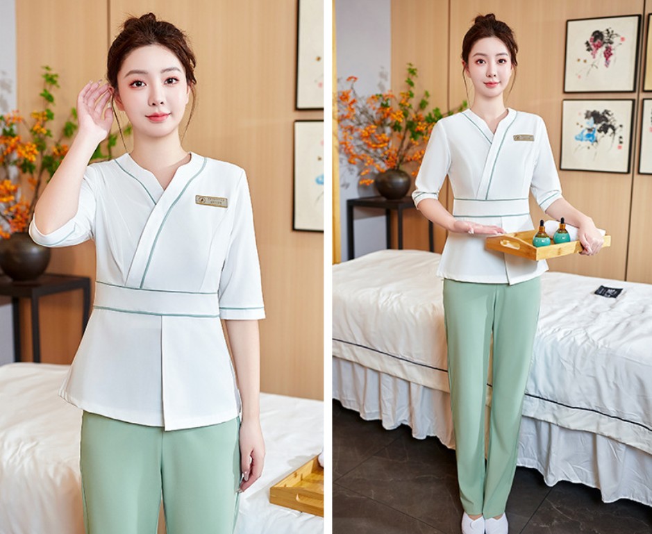 ชุดนวดสปา ชุดพนักงานซาวน่าเสริมสวย ชุดพนักงานนวด สีเขียว สีขาว ไซส์ S-7XL