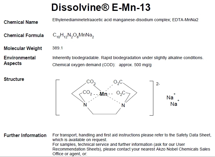 [25KG] ธาตุแมงกานีสคีเลตอีดีทีเอ 13% Dissolvine E-MN-13 (EDTA Mn 13%; Aczonobel Netherland) บรรจุ 25 กิโลกรัม