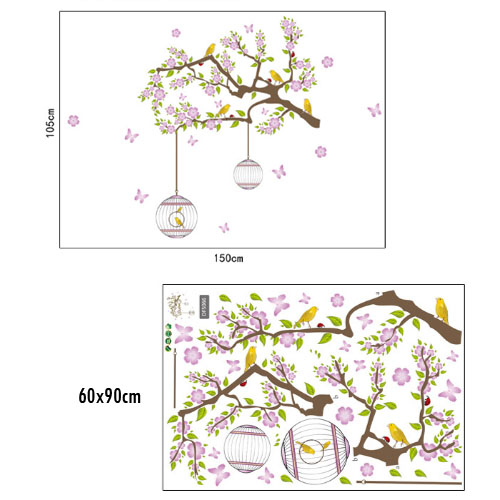 Transparent wall sticker สติ๊กเกอร์ติดผนัง Birdcage flower vine tree (กว้าง150cm.xสูง105cm.)