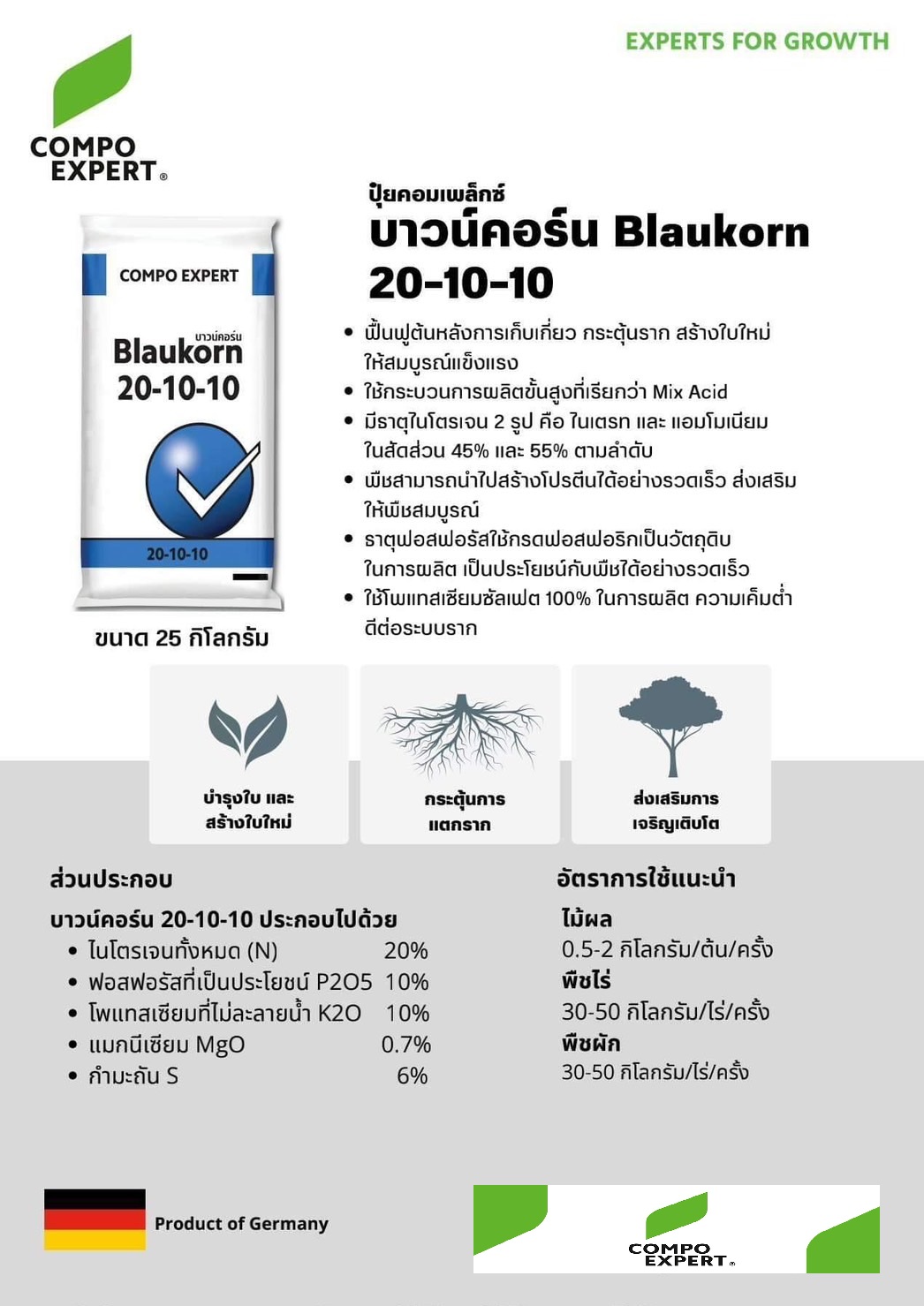 ปุ๋ยเม็ดเยอรมัน เกรดพรีเมี่ยม (ใช้ทางดิน) Blaukorn 20-10-10 บาวน์คอร์น ลูตรบำรุงต้นใบ (Compo Expert) บรรจุ 25 กิโลกรัม
