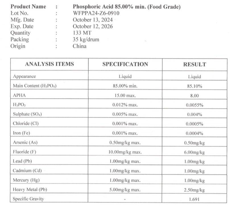 กรดฟอสฟอริก H3PO4 Phosphoric acid 85% (0-61-0) เกรดอาหาร บรรจุ 35 กิโลกรัม (ส่งได้เฉพาะนิ่มเอ็กซ์พรสมีค่าจัดส่งเพิ่มเติม งดรับประกันสินค้า)