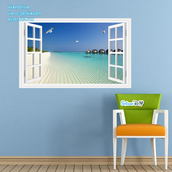 Wall Sticker สติ๊กเกอร์ติดผนัง 3D หน้าต่างวิวทะเล AF5005 (กว้าง90cm.xสูง60cm)