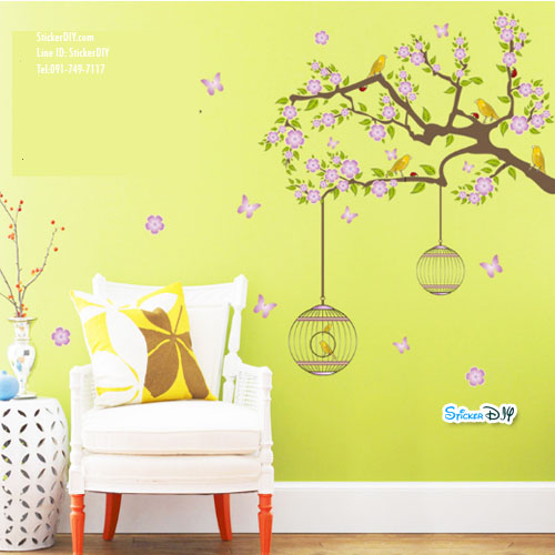 Transparent wall sticker สติ๊กเกอร์ติดผนัง Birdcage flower vine tree (กว้าง150cm.xสูง105cm.)