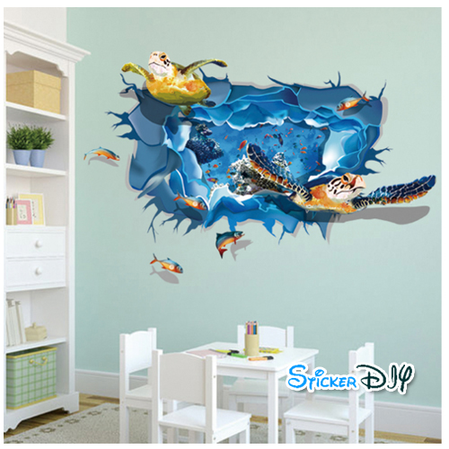 Transparent wall sticker สติ๊กเกอร์ติดผนัง 3D โลกใต้น้ำของเต่าทะเล (กว้าง105cm.xสูง70cm.)