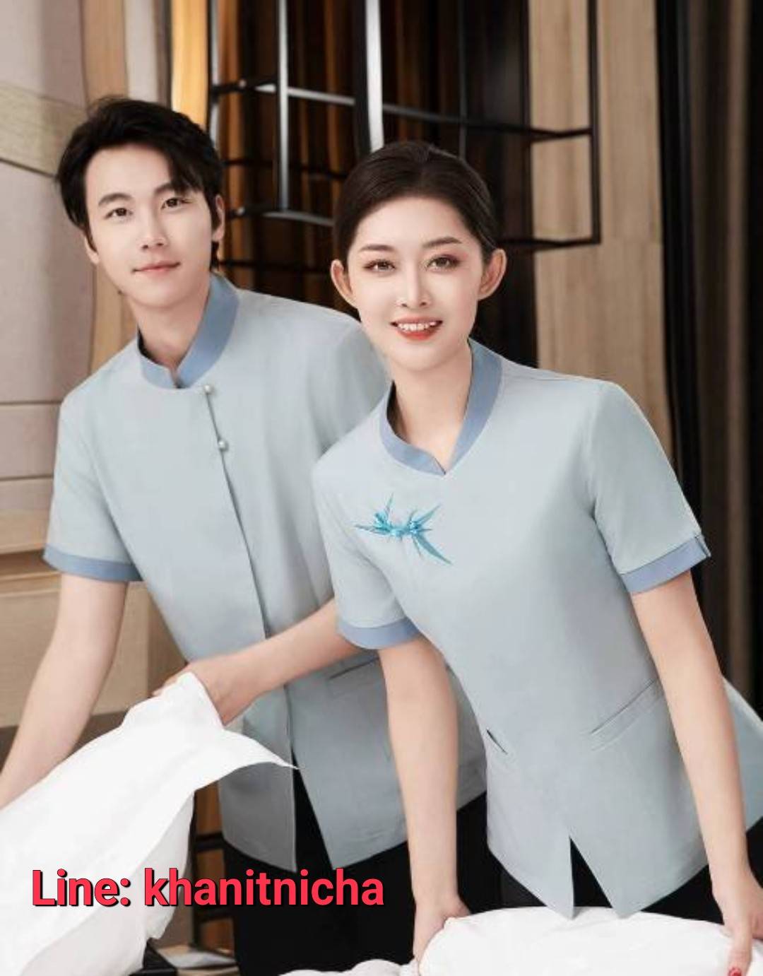 ชุดพนักงานทำความสะอาด เสื้อแม่บ้าน พ่อบ้าน เบลบอย สีเขียวอ่อน สีเขียวเข้ม สีฟ้า สีเทาอ่อน สีเทาเข้ม