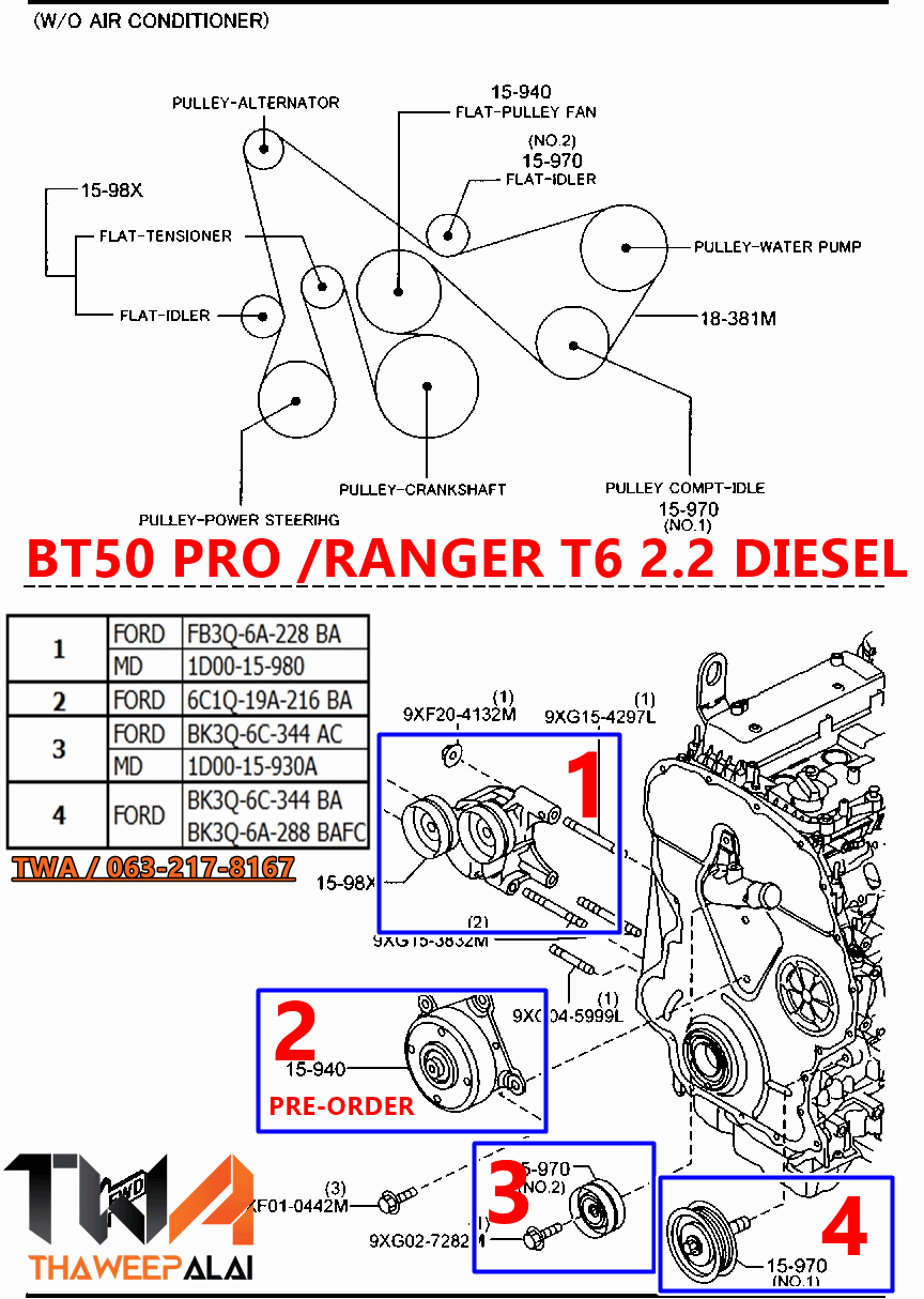 ชุดลูกรอกสายพานหน้าเครื่อง RANGER T6,BT50 PRO 2.2 ค.ดีเซล* ปี12-18 /แท้ห้าง 1ชุด = 4ตัว