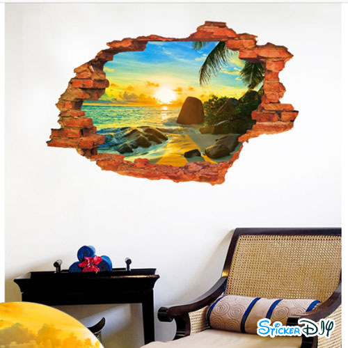 Wall Sticker สติ๊กเกอร์ติดผนัง 3D BEACH สไตล์D (กว้าง89cm.xสูง59cm)
