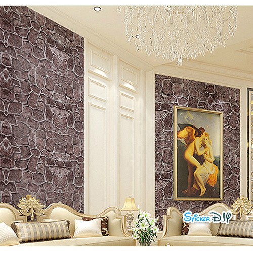 (กว้าง45cm.xยาว10m.)Wallpaper sticker วอลเปเปอร์แบบกาวในตัว หินแผ่น สีโกโก้