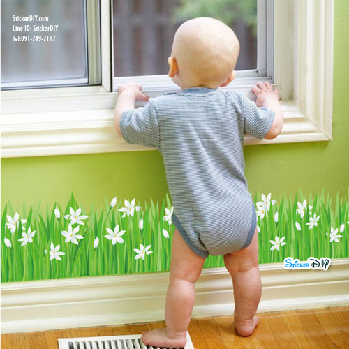 Transparent wall sticker สติ๊กเกอร์ติดผนังแต่งขอบ หญ้าดอกสีขาว (กว้าง127cm.xสูง25cm.)