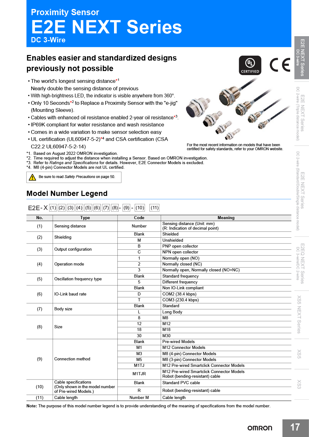 Proximity Sensor OMRON E2E-X5C118 5M Input 10-30VDC 3-wire Sensing distance 5mm Output NPN NO Size M18