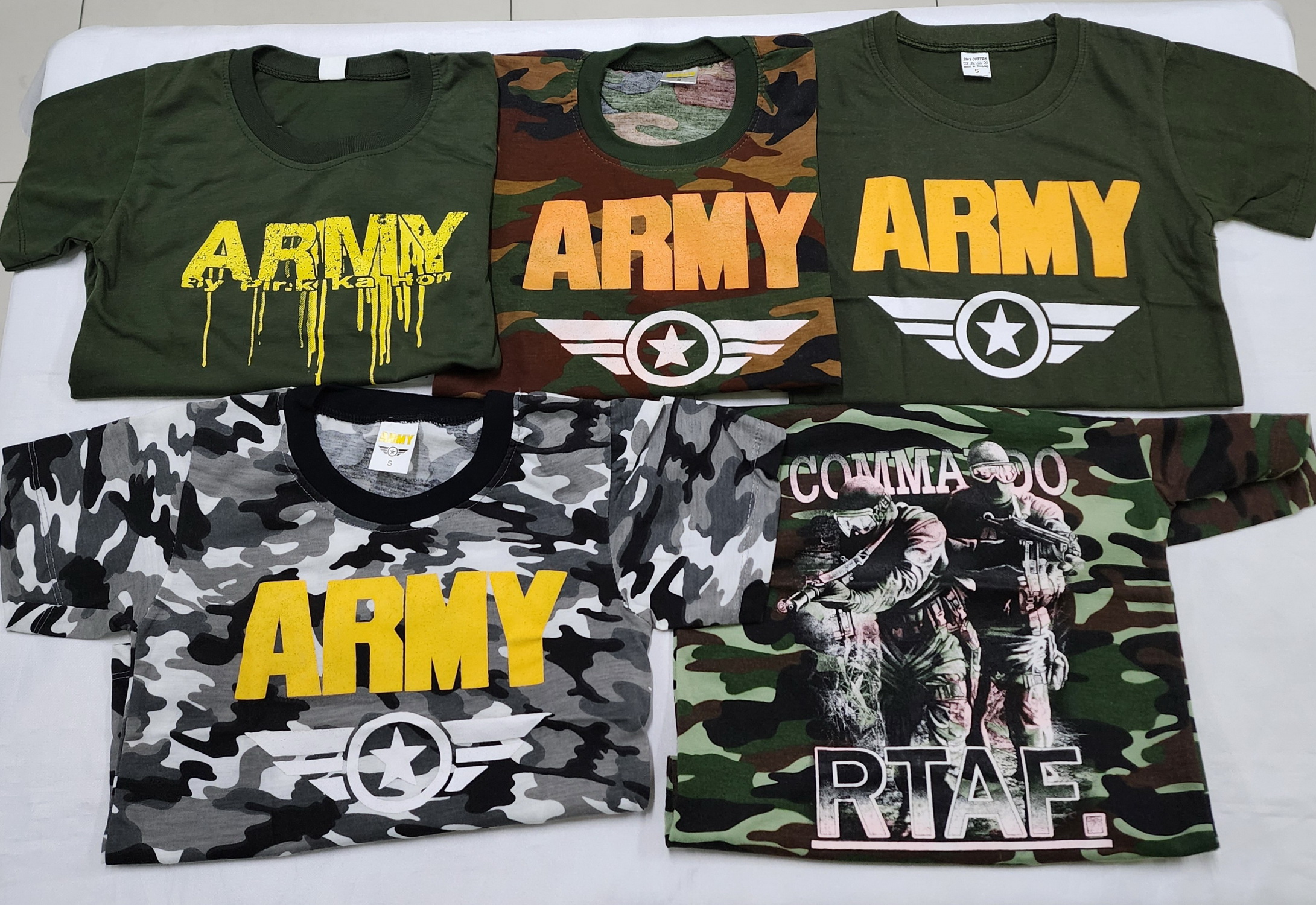 เสื้อยืดเด็กลายพราง มีทั้งมีแขน แขนกุด และเสื้อกล้าม สกรีนลายมีไซร์