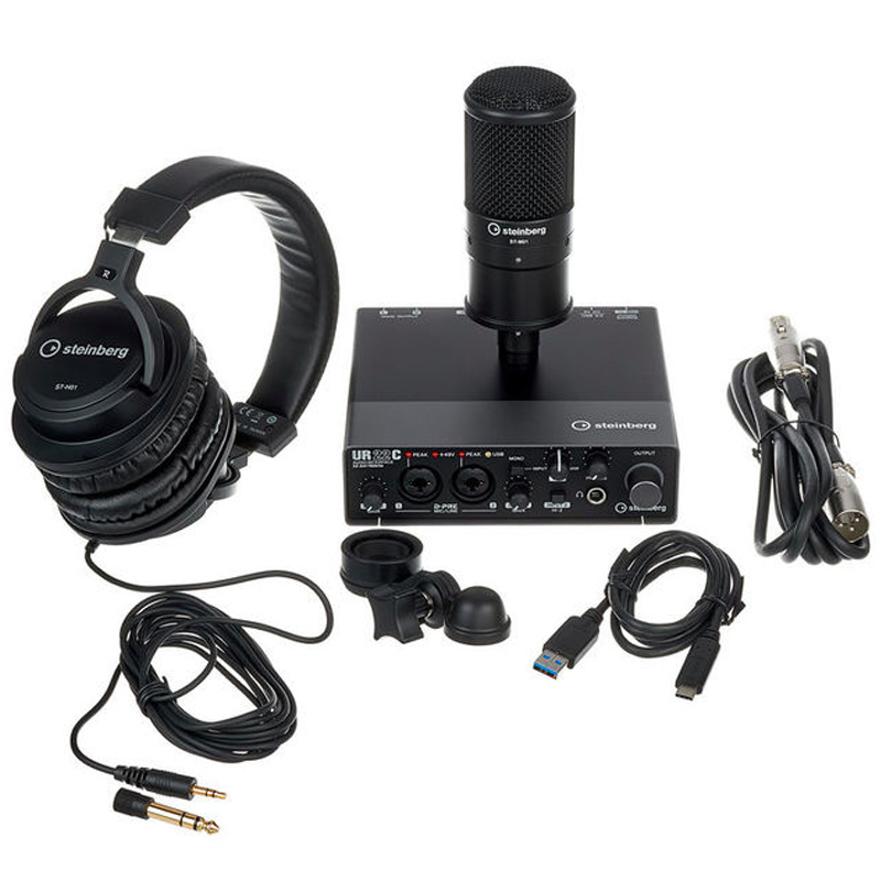 Steinberg UR22C Recording Pack ชุดบันทึกเสียง ออดิโอ อินเตอร์เฟส USB 3.1 Type C พร้อมไมโครโฟนและหูฟัง สำหรับทำเพลง โฮมสตูดิโอ รองรับ iPad,Mac,PC ฟรี+ ซอฟต์แวร์ทำเพลง Cubase AI, LE