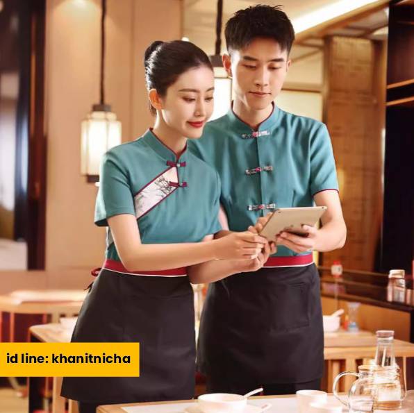 ชุดพนักงานเสริฟ ชุดพนักงานร้านอาหารจีน ชุดพนักงานบริการ สีแขียว