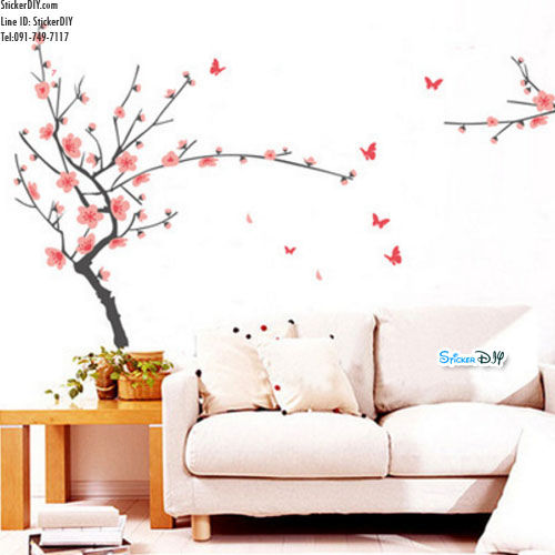 สติ๊กเกอร์ติดผนัง กิ่งไม้ดอกไม้กะผีเสื้อ สีชมพู (กว้าง190cm.xสูง110cm.)